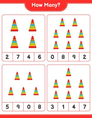 Oyun sayıyorum, kaç tane piramit oyuncağı var? Eğitimsel çocuk oyunu, yazdırılabilir çalışma tablosu, vektör illüstrasyonu