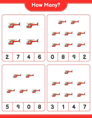 Oyun sayıyorum, kaç helikopter var? Eğitimsel çocuk oyunu, yazdırılabilir çalışma tablosu, vektör illüstrasyonu