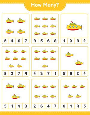 Maç sayısı, kaç denizaltı. Eğitimsel çocuk oyunu, yazdırılabilir çalışma tablosu, vektör illüstrasyonu