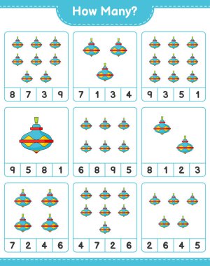 Oyun sayıyorum, kaç tane Whirligig oyuncağı var. Eğitimsel çocuk oyunu, yazdırılabilir çalışma tablosu, vektör illüstrasyonu