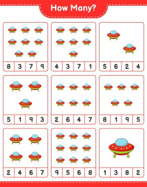 Maç sayıyorum, kaç tane Ufo. Eğitimsel çocuk oyunu, yazdırılabilir çalışma tablosu, vektör illüstrasyonu