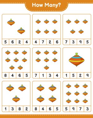 Oyun sayıyorum, kaç tane Whirligig oyuncağı var. Eğitimsel çocuk oyunu, yazdırılabilir çalışma tablosu, vektör illüstrasyonu