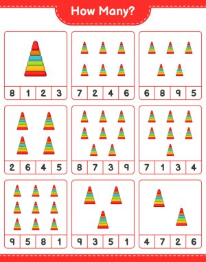 Oyun sayıyorum, kaç tane piramit oyuncağı var? Eğitimsel çocuk oyunu, yazdırılabilir çalışma tablosu, vektör illüstrasyonu