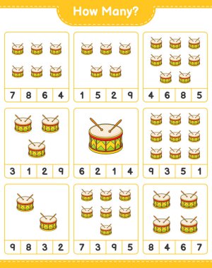 Maç sayıyorum, kaç Drum. Eğitimsel çocuk oyunu, yazdırılabilir çalışma tablosu, vektör illüstrasyonu