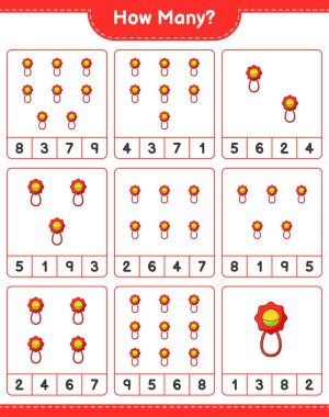 Maç sayıyorum, kaç tane bebek çıngırağı var. Eğitimsel çocuk oyunu, yazdırılabilir çalışma tablosu, vektör illüstrasyonu