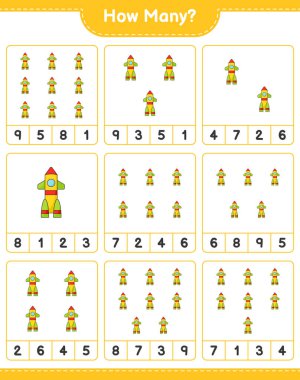 Maç sayısı, kaç roket. Eğitimsel çocuk oyunu, yazdırılabilir çalışma tablosu, vektör illüstrasyonu