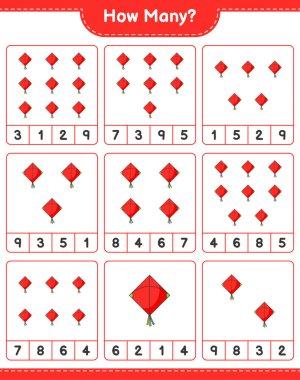 Sayma oyunu, kaç Kite. Eğitimsel çocuk oyunu, yazdırılabilir çalışma tablosu, vektör illüstrasyonu