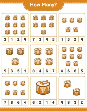 Maç sayıyorum, kaç Drum. Eğitimsel çocuk oyunu, yazdırılabilir çalışma tablosu, vektör illüstrasyonu