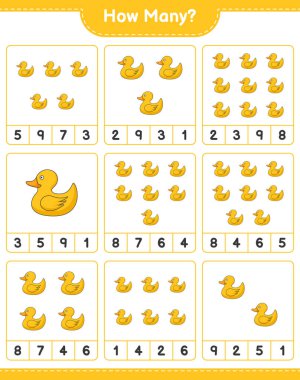 Oyun sayıyorum, kaç Rubber Duck. Eğitimsel çocuk oyunu, yazdırılabilir çalışma tablosu, vektör illüstrasyonu
