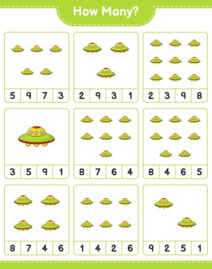 Maç sayıyorum, kaç tane Ufo. Eğitimsel çocuk oyunu, yazdırılabilir çalışma tablosu, vektör illüstrasyonu
