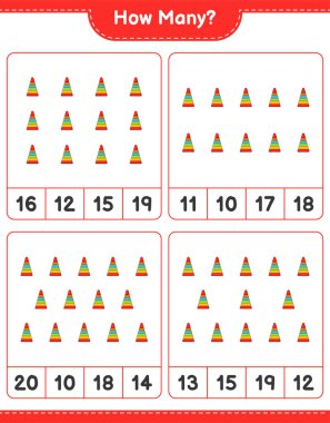 Oyun sayıyorum, kaç tane piramit oyuncağı var? Eğitimsel çocuk oyunu, yazdırılabilir çalışma tablosu, vektör illüstrasyonu
