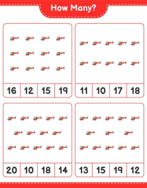 Oyun sayıyorum, kaç helikopter var? Eğitimsel çocuk oyunu, yazdırılabilir çalışma tablosu, vektör illüstrasyonu