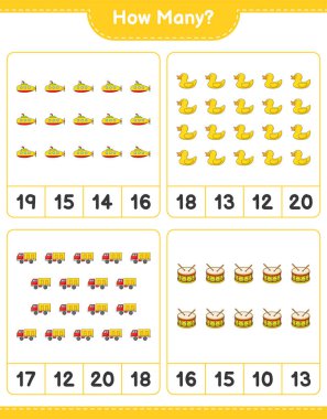 Sayma oyunu, kaç denizaltı, Rubber Duck, Lorry ve Drum. Eğitimsel çocuk oyunu, yazdırılabilir çalışma tablosu, vektör illüstrasyonu
