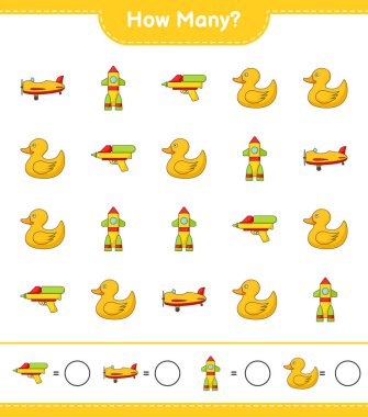 Sayma oyunu, kaç uçak, roket, lastik ördek ve su tabancası. Eğitimsel çocuk oyunu, yazdırılabilir çalışma tablosu, vektör illüstrasyonu