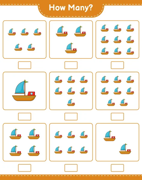 Zählspiel Wie Viele Boote Pädagogisches Kinderspiel Druckbares Arbeitsblatt Vektorillustration — Stockvektor