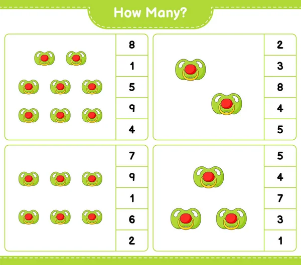 Counting Game How Many Pacifier Educational Children Game Printable Worksheet — Stock Vector