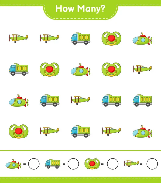 Zählspiel Wie Viele Lastwagen Flugzeuge Boote Und Schnuller Pädagogisches Kinderspiel — Stockvektor