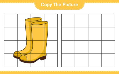 Resmi kopyala, çizgileri kullanan Rubber Boots 'un resmini kopyala. Eğitimsel çocuk oyunu, yazdırılabilir çalışma tablosu, vektör illüstrasyonu