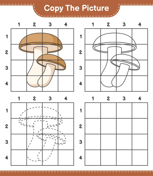 Copia Imagen Copia Imagen Shiitake Usando Líneas Cuadrícula Juego Educativo — Vector de stock