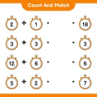 Say ve eşleştir, Kronometre sayısını say ve doğru numaralarla eşleştir. Eğitimsel çocuk oyunu, yazdırılabilir çalışma tablosu, vektör illüstrasyonu
