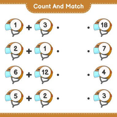 Say ve eşleştir, Hokey Miğferinin sayısını say ve doğru numaralarla eşleştir. Eğitimsel çocuk oyunu, yazdırılabilir çalışma tablosu, vektör illüstrasyonu