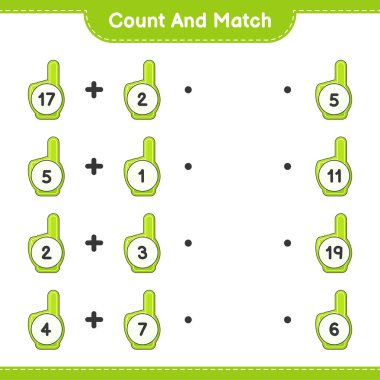 Say ve eşleştir, köpük parmak sayısını say ve doğru numaralarla eşleştir. Eğitimsel çocuk oyunu, yazdırılabilir çalışma tablosu, vektör illüstrasyonu