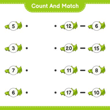 Say ve eşleştir, futbol ayakkabılarını say ve doğru rakamlarla eşleştir. Eğitimsel çocuk oyunu, yazdırılabilir çalışma tablosu, vektör illüstrasyonu