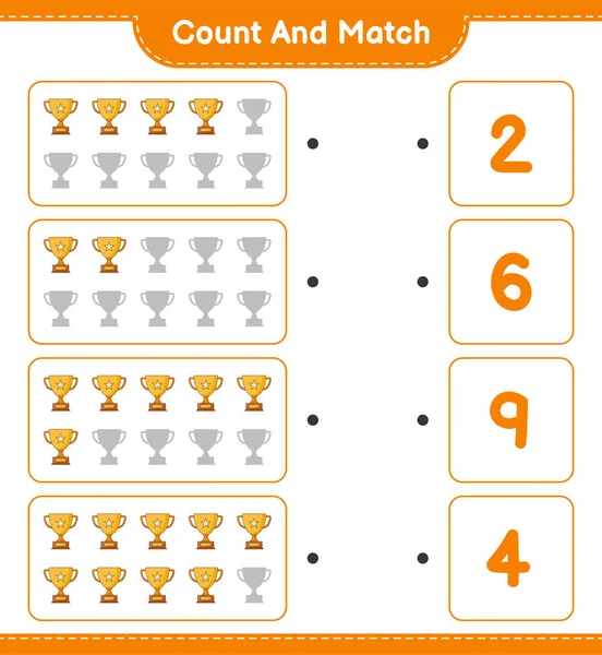 计数和匹配 计数奖杯的数量和匹配的正确数量 教育儿童游戏 可打印工作表 矢量图解 — 图库矢量图片