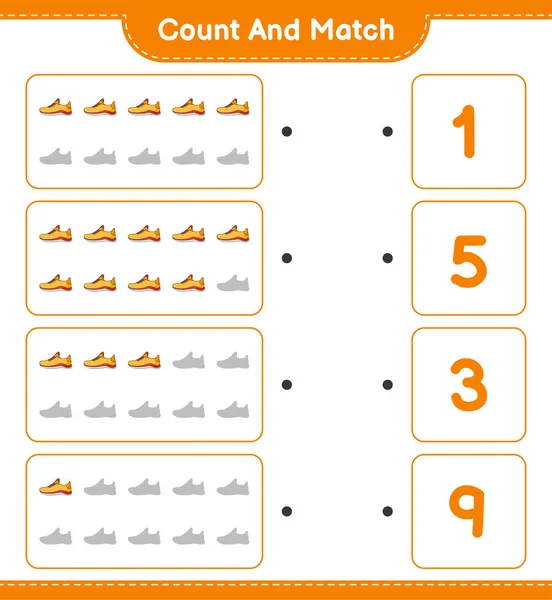 计数和匹配 计数跑鞋的数量 并与正确的数量匹配 教育儿童游戏 可打印工作表 矢量图解 — 图库矢量图片
