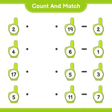Say ve eşleştir, köpük parmak sayısını say ve doğru numaralarla eşleştir. Eğitimsel çocuk oyunu, yazdırılabilir çalışma tablosu, vektör illüstrasyonu