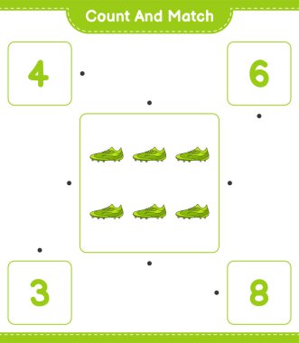 Say ve eşleştir, futbol ayakkabılarını say ve doğru rakamlarla eşleştir. Eğitimsel çocuk oyunu, yazdırılabilir çalışma tablosu, vektör illüstrasyonu
