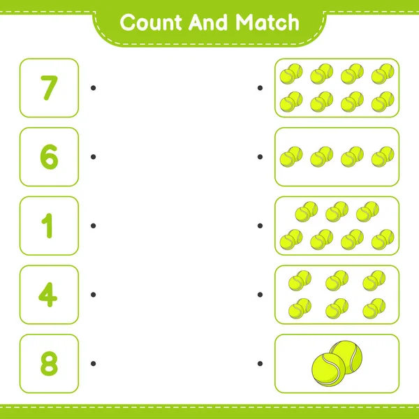 计数和匹配 计数网球球的数量 并与正确的数量匹配 教育儿童游戏 可打印工作表 矢量图解 — 图库矢量图片