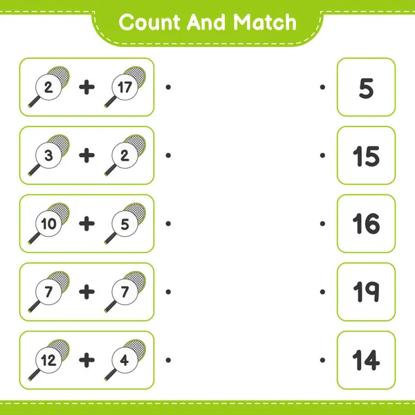 カウントして一致し テニスラケットの数をカウントし 適切な数と一致します 教育用子供ゲーム 印刷可能なワークシート ベクトルイラスト — ストックベクタ