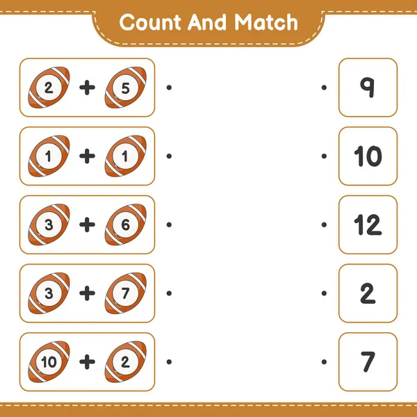 计数和匹配 计数橄榄球球的数量 并与正确的数量匹配 教育儿童游戏 可打印工作表 矢量图解 — 图库矢量图片
