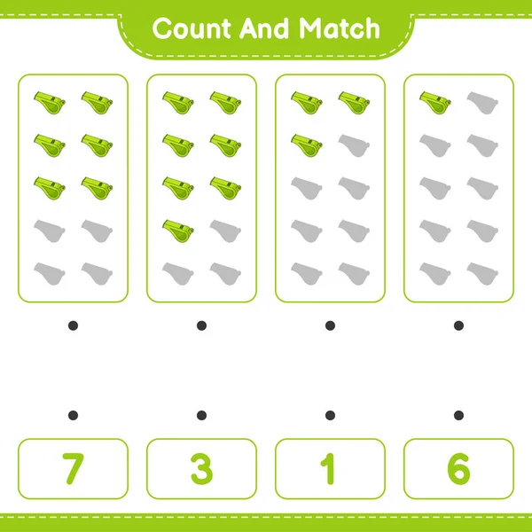 计数和匹配 计数的数量吹口哨和匹配与正确的数字 教育儿童游戏 可打印工作表 矢量图解 — 图库矢量图片