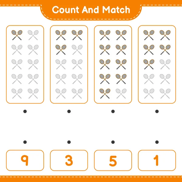 Contare Abbinare Contare Numero Racchette Badminton Abbinare Con Numeri Giusti — Vettoriale Stock