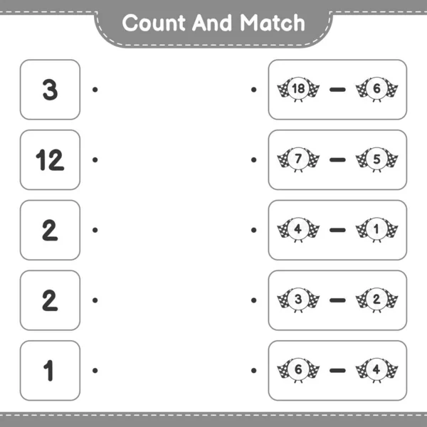 计数和匹配 计数赛车旗的数量 并与正确的数字匹配 教育儿童游戏 可打印工作表 矢量图解 — 图库矢量图片