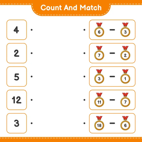 カウントして一致させ トロフィーの数を数え 正しい数と一致させます 教育用子供ゲーム 印刷可能なワークシート ベクトルイラスト — ストックベクタ
