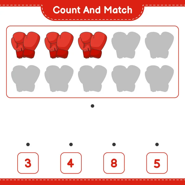 计数和匹配 计数拳击手套的数量 并与正确的数字匹配 教育儿童游戏 可打印工作表 矢量图解 — 图库矢量图片