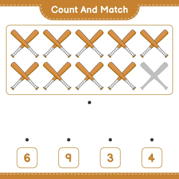 Tel Match Tel Het Aantal Honkbalknuppels Match Met Juiste Nummers — Stockvector