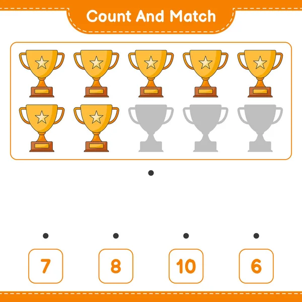 カウントして一致させ トロフィーの数を数え 正しい数と一致させます 教育用子供ゲーム 印刷可能なワークシート ベクトルイラスト — ストックベクタ