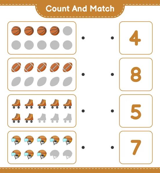 Tel Match Tel Het Aantal Hockey Helmen Rolschaatsen Basketbal Voetbal — Stockvector
