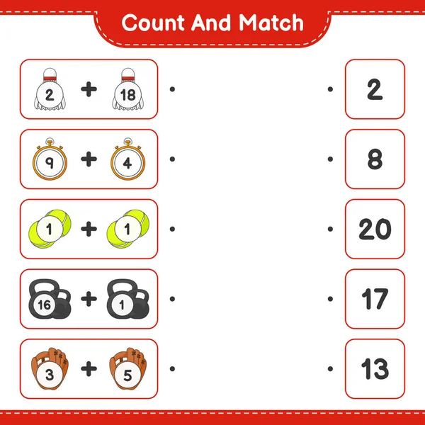 Zählen Und Übereinstimmen Zählen Sie Handschuh Stoppuhr Ball Hantel Federball — Stockvektor