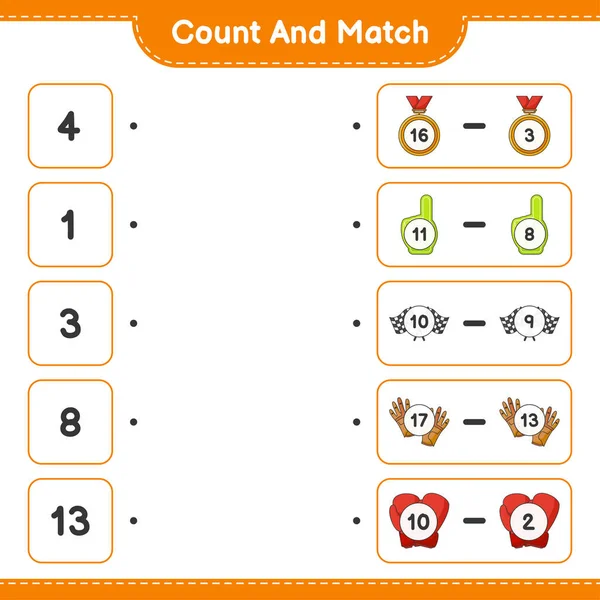 计数和匹配 计数泡沫手指 高尔夫球手套的数量 并与正确的数字匹配 教育儿童游戏 可打印工作表 矢量图解 — 图库矢量图片