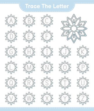 Mektubun izini sür. Snowflake ile harf alfabesinin izini sürüyorum. Eğitimsel çocuk oyunu, yazdırılabilir çalışma tablosu, vektör illüstrasyonu