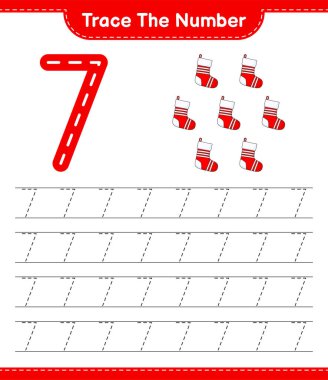 Numarayı takip et. Noel Çorabı 'nın izi sürülüyor. Eğitimsel çocuk oyunu, yazdırılabilir çalışma tablosu, vektör illüstrasyonu