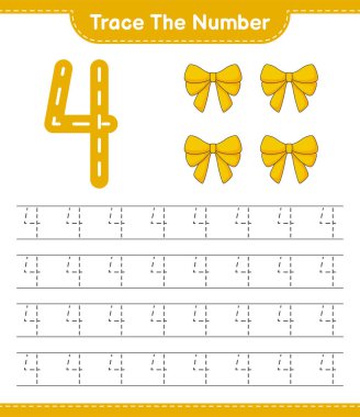 Numarayı takip et. Ribbon 'ın takip numarası. Eğitimsel çocuk oyunu, yazdırılabilir çalışma tablosu, vektör illüstrasyonu