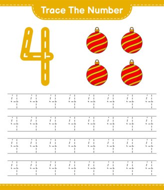Numarayı takip et. Noel Balosu 'nun takip numarası. Eğitimsel çocuk oyunu, yazdırılabilir çalışma tablosu, vektör illüstrasyonu