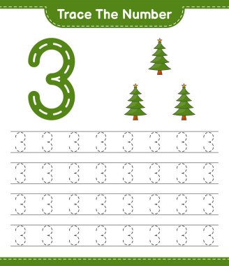 Numarayı takip et. Noel Ağacı 'nın takip numarası. Eğitimsel çocuk oyunu, yazdırılabilir çalışma tablosu, vektör illüstrasyonu