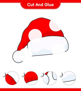 Kes ve yapıştır, Santa Hat 'ın parçalarını kes ve yapıştır. Eğitimsel çocuk oyunu, yazdırılabilir çalışma tablosu, vektör illüstrasyonu
